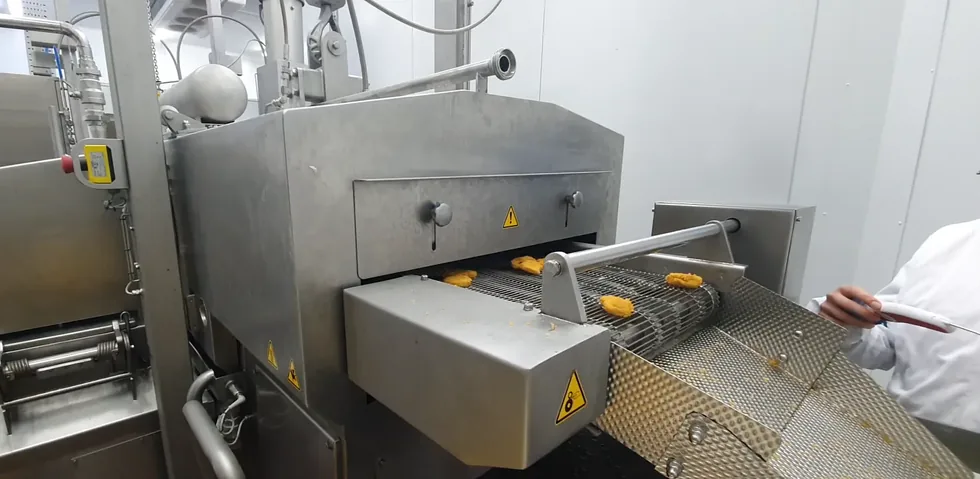 Técnico comprobando nuggets a la salida de una línea de producción
